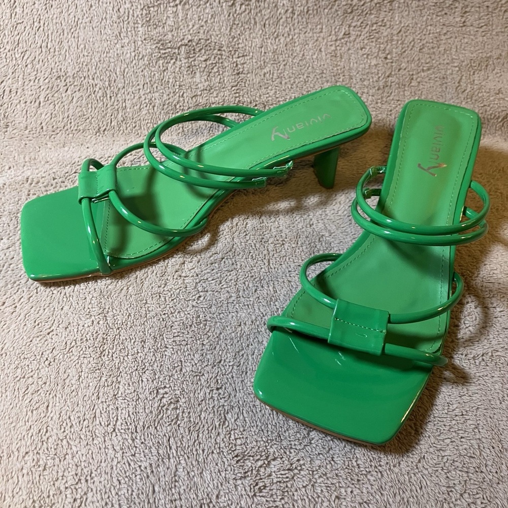 Vivianly Square‎ Toe Strappy Block Heel Sandal Size 10 Green Slip On Holiday NYE